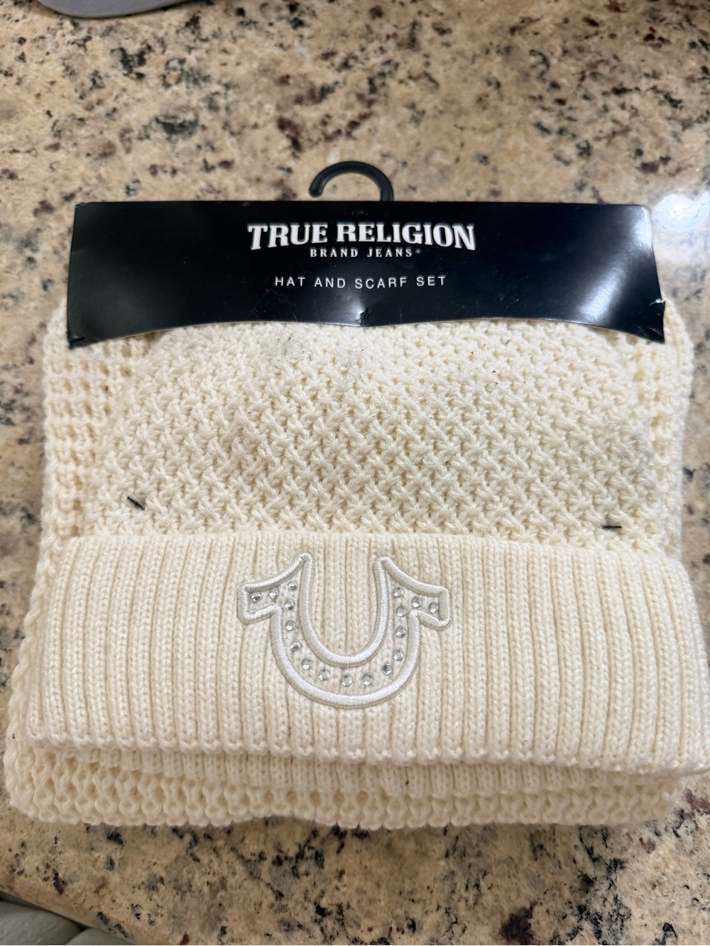 True Religion Cream Knit Hat & Scarf Set with Studded Horseshoe
